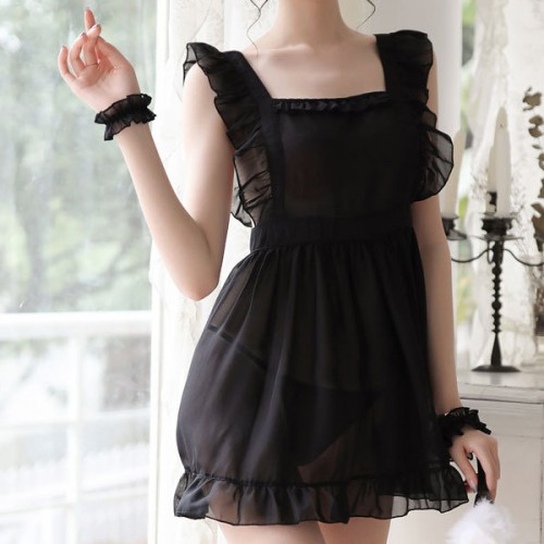Convenient Ruffle Squire Neck See Through Women Nightwear - Black image
