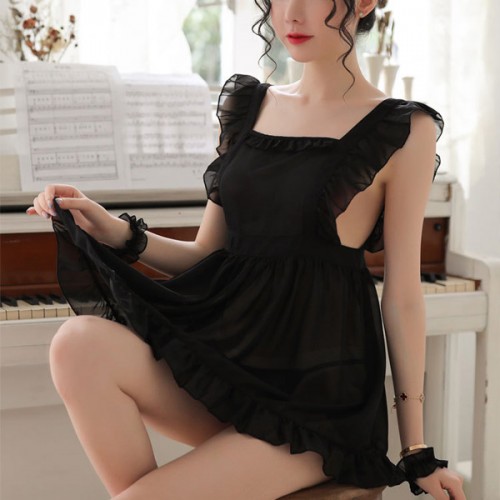 Convenient Ruffle Squire Neck See Through Women Nightwear - Black image