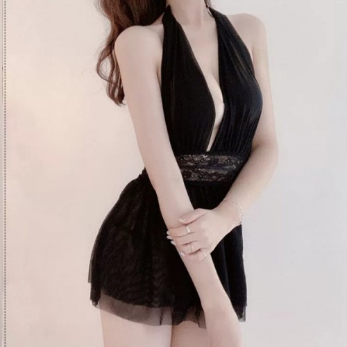 Spaghetti Halter Neck Mesh Short Skirt Sheer Women Nightwear - Black image