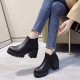 Vintage Style Waterproof Round Head Chunky Heel Short Boots - Black image