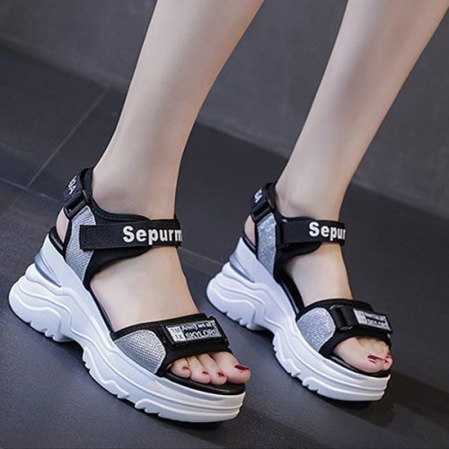 Luxury Strappy Thick Bottom Velcro Fish Mouth Sports Sandals - Grey image