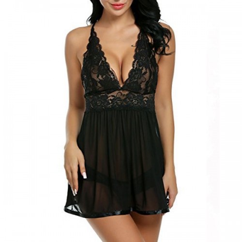 Luxury See Through Lace Mesh Halter Neck Women Nightwear - Black image