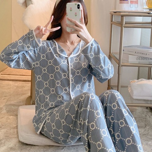 Comfortable Geometric Pattern Cardigan Pajamas Set Nightwear - Grey image