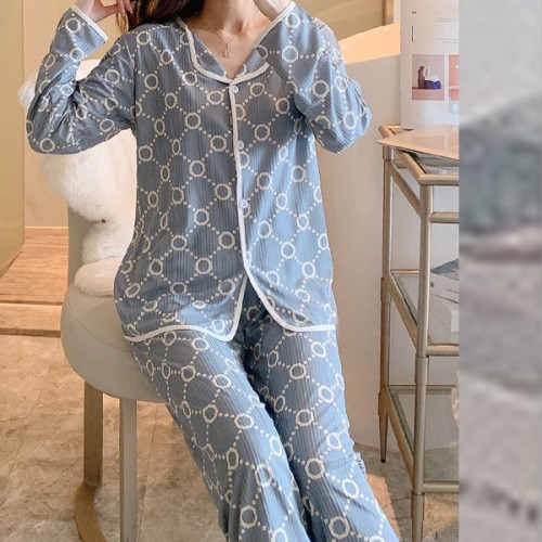 Comfortable Geometric Pattern Cardigan Pajamas Set Nightwear - Grey image