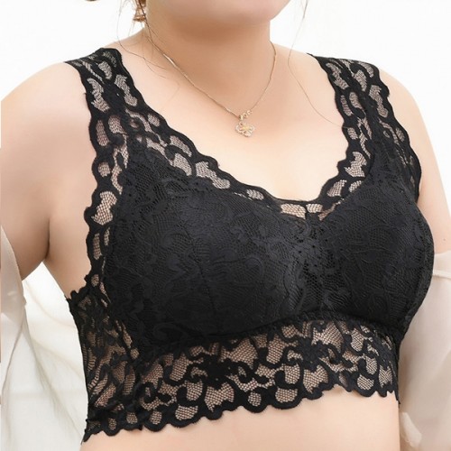 Breathable Seamless Thin Mold Cup Wrap Floral Lace Design Bra - Black image
