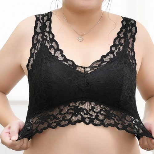 Breathable Seamless Thin Mold Cup Wrap Floral Lace Design Bra - Black image