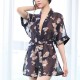 Elegant Robe Knotted Sheer Floral Printed Bathrobe Nightwear - Black image