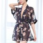 Elegant Robe Knotted Sheer Floral Printed Bathrobe Nightwear - Black