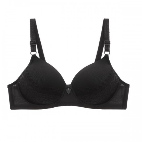 Comfortable Sponge Padded Gathered Floral Lace Women Bra - Black image