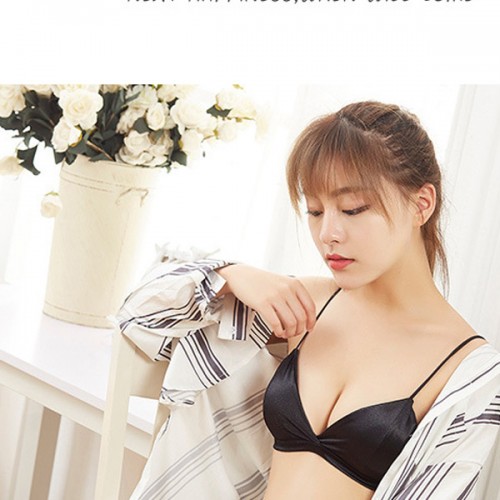 Bikini Triangular Cup Thin Rope Gathered Wrapped Padded Bra - Black image