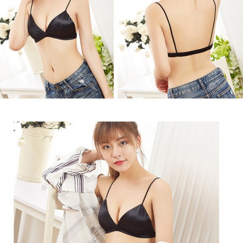 Bikini Triangular Cup Thin Rope Gathered Wrapped Padded Bra - Black image