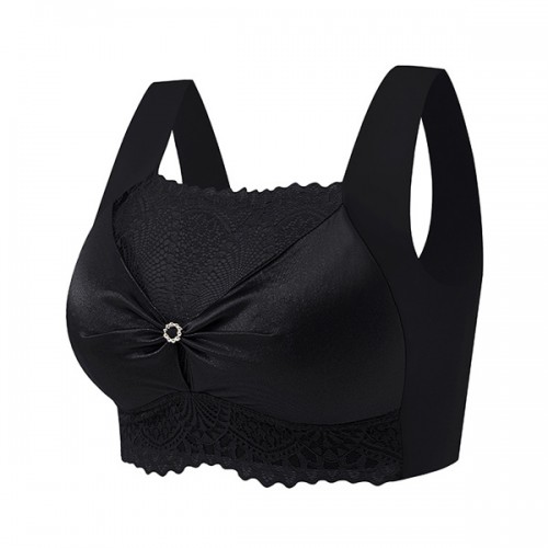 Fashionable Flower Lace Non Padded Elastic Shoulder Sports Bra - Black image
