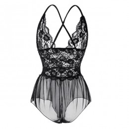 Luxury Halter Neck Strappy Mini Lace Floral Sheer Women Bodysuit - Black