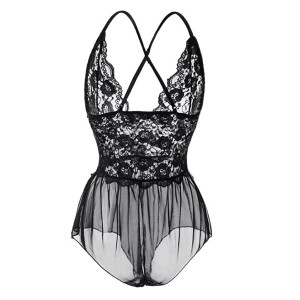 Luxury Halter Neck Strappy Mini Lace Floral Sheer Women Bodysuit - Black
