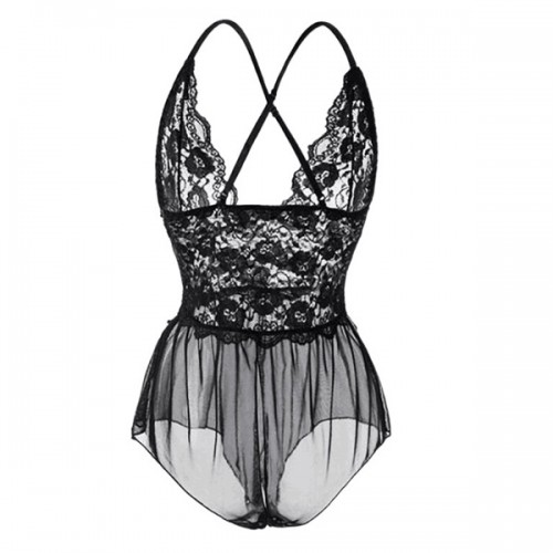 Luxury Halter Neck Strappy Mini Lace Floral Sheer Women Bodysuit - Black image