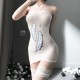 Apparent Mesh Halter Neck Feather Décor Tight Hip Skirt Bodysuit - White image