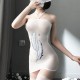 Apparent Mesh Halter Neck Feather Décor Tight Hip Skirt Bodysuit - White image