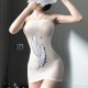 Apparent Mesh Halter Neck Feather Décor Tight Hip Skirt Bodysuit - White image