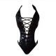 Wet Look Cross Straps Deep V Halter Neck Backless Bodysuit - Black image