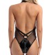 Cut Out Bra & Briefs Set Lace Lingerie G-String Halter Neck Bodysuit - Black image