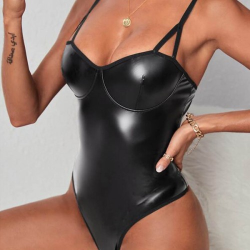 Solid Color Clubwear Shoulder Strap Thong Lingerie G-String Bodysuit - Black image