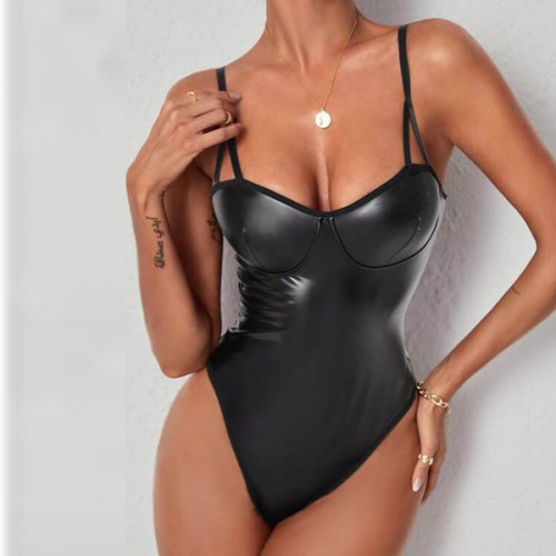 Solid Color Clubwear Shoulder Strap Thong Lingerie G-String Bodysuit - Black image