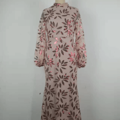 Luxury Mermaid Sequined Puff Sleeve Women Party Dress - Pink image