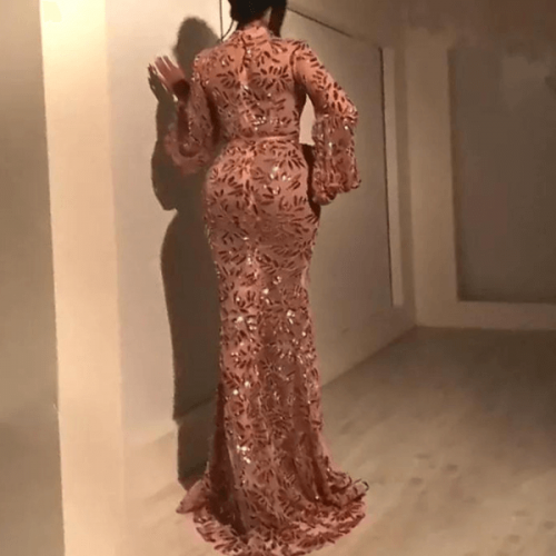 Luxury Mermaid Sequined Puff Sleeve Women Party Dress - Pink image