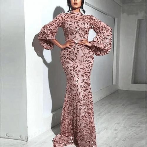 Luxury Mermaid Sequined Puff Sleeve Women Party Dress - Pink image