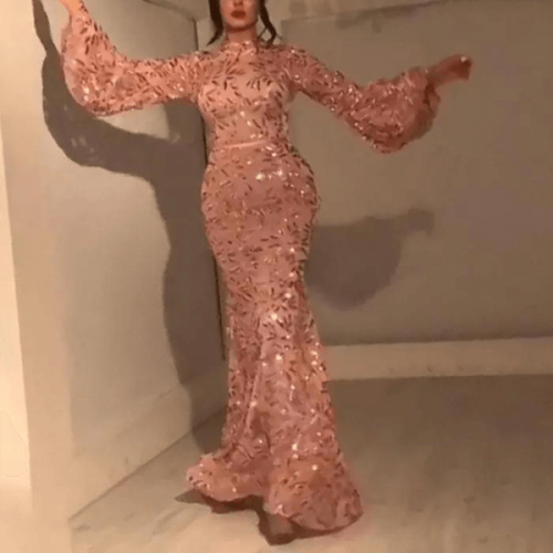 Luxury Mermaid Sequined Puff Sleeve Women Party Dress - Pink image