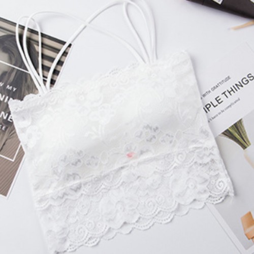 Removable Pads Strappy Vest Lace Décor Tube Tops Women Bra - White image