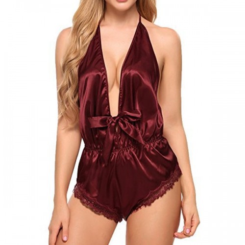 Deep V Neck Sleeveless Nighty Women Shapewear Bodysuit - Red image