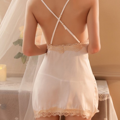 Elegant Lace Backless Bride Women Strappy Nightwear Dress - White image