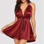Baby Doll Nightgown V Neck Knot Front Chemise Nightwear - Red
