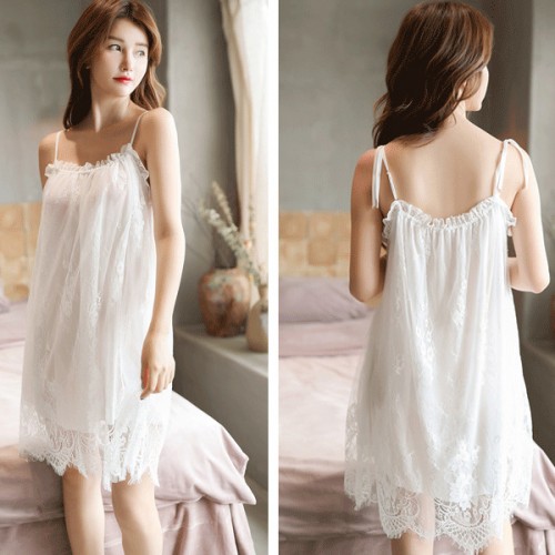 Camisole Women Lace Detailed Lingerie Gown Nightdress - White image