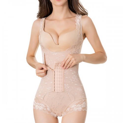 Elegant Waist Slimming Lace Floral Shapewear Bodysuit - Cream image