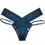 Elastic Waist T Style Lace Decor Women Panties - Blue