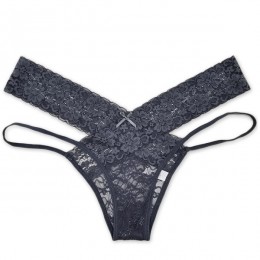 Elastic Waist T Style Lace Decor Women Panties - Grey