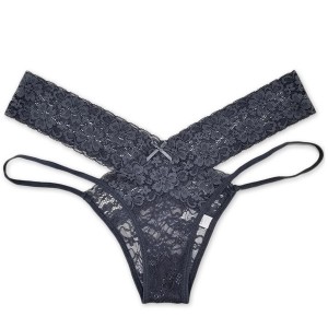 Elastic Waist T Style Lace Decor Women Panties - Grey