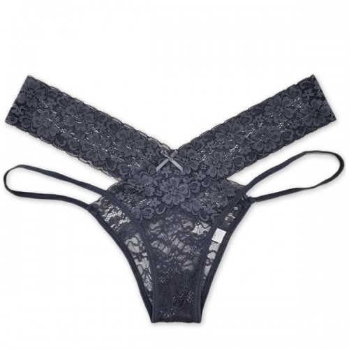 Elastic Waist T Style Lace Decor Women Panties - Grey image