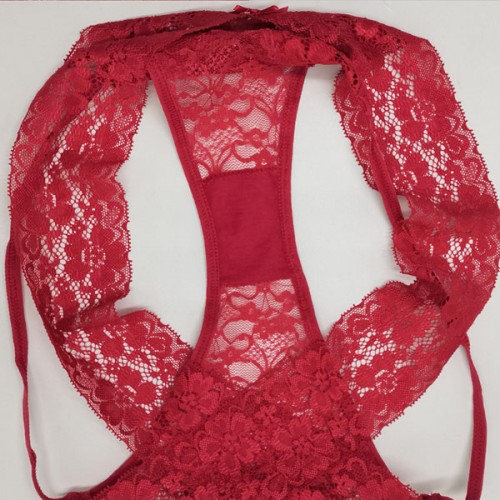 Elastic Waist T Style Lace Decor Women Panties - Red image