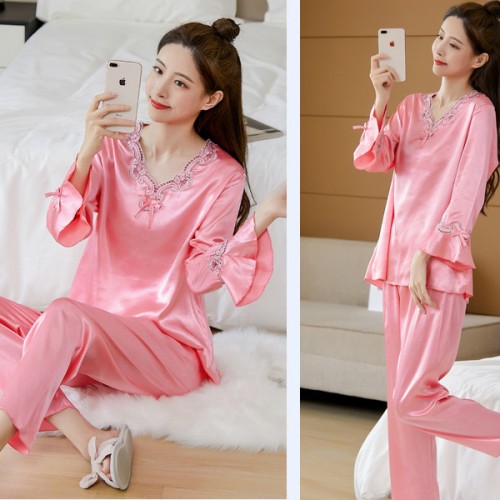 Two Piece Long Sleeve Pajamas V Neck Silk Stain Nightwear - Pink image