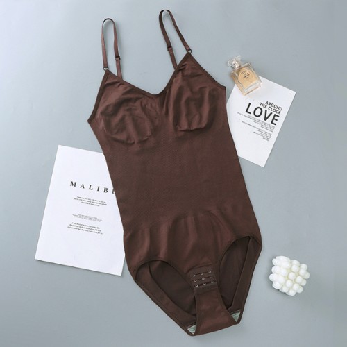 Ribbed Design Solid Color Sleeveless Women Sliming Bodysuit - Brown image