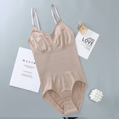 Ribbed Design Solid Color Sleeveless Women Sliming Bodysuit - Cream image