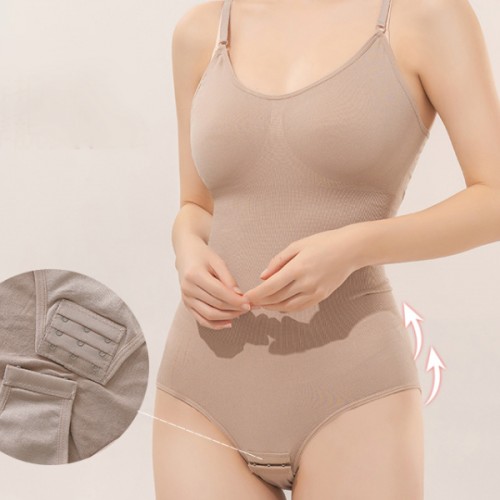 Ribbed Design Solid Color Sleeveless Women Sliming Bodysuit - Cream image