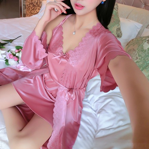 Half Sleeve Knotted Midi Skirt V Neck Lace Sling Nightwear - Pink image