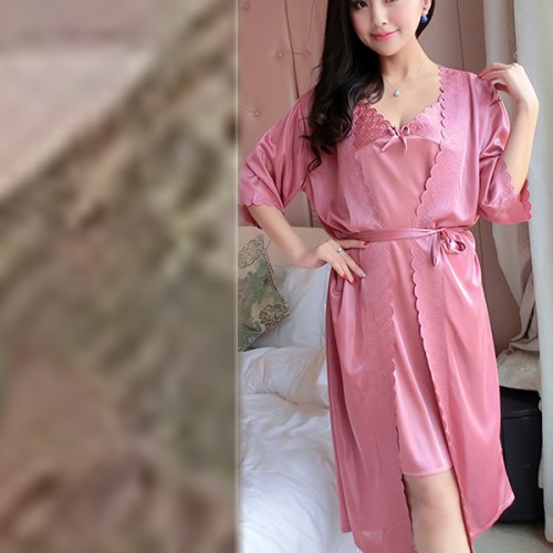 Half Sleeve Knotted Midi Skirt V Neck Lace Sling Nightwear - Pink image