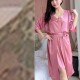 Half Sleeve Knotted Midi Skirt V Neck Lace Sling Nightwear - Pink image