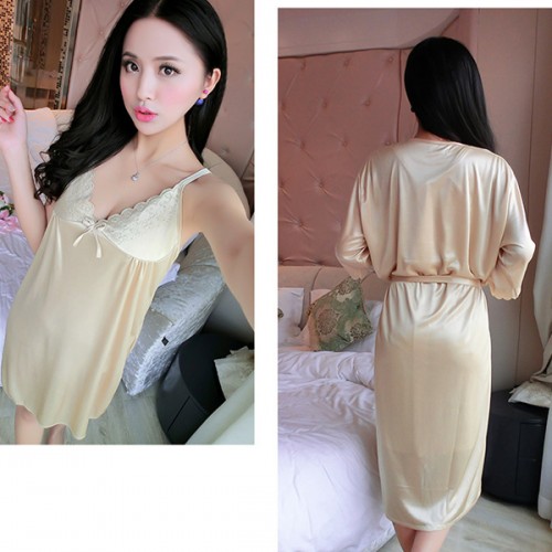 Half Sleeve Knotted Midi Skirt V Neck Lace Sling Nightwear - Cream image
