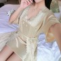 Half Sleeve Knotted Midi Skirt V Neck Lace Sling Nightwear - Cream